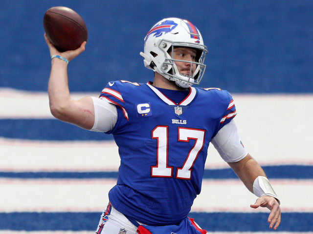 ORCHARD PARK, NEW YORK - NOVEMBER 01: Josh Allen #17 of the Buffalo Bills celebrates a fourth quarter touchdown during a game against the New England Patriots at Bills Stadium on November 01, 2020 in Orchard Park, New York.