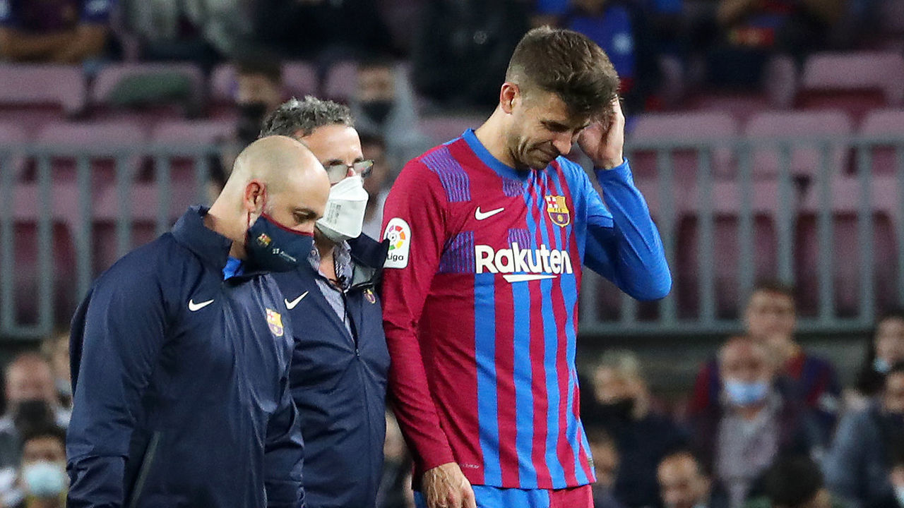 Gerard Pique is injured during the match between FC Barcelona and Deportivo Alaves, corresponding to the week 12 of the Liga Santandere, played at the Camp Nou Stadium, on 30th October 2021, in Barcelona, Spain. --