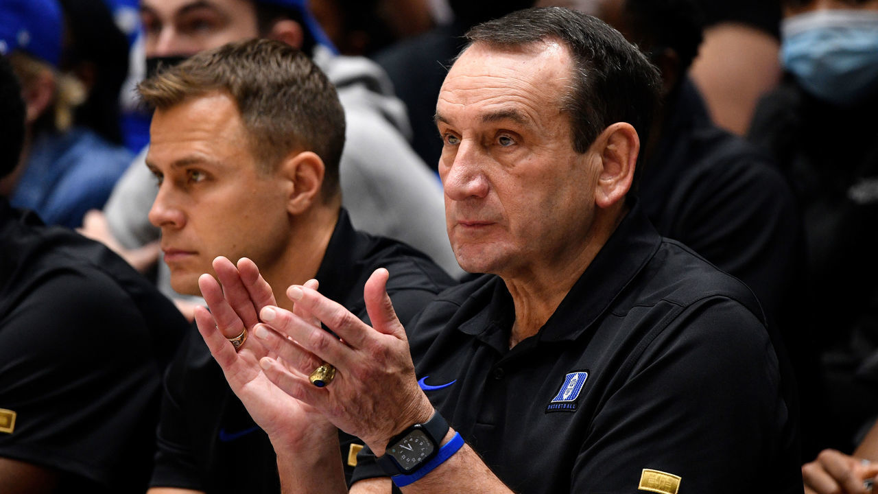 DURHAM, NC - OCTOBER 30: Head coach Mike Krzyzewski (R) of the Duke Blue Devils reacts as associate head coach Jon Scheyer looks on during the second half of their game against the Winston-Salem State Rams at Cameron Indoor Stadium on October 30, 2021 in Durham, North Carolina.