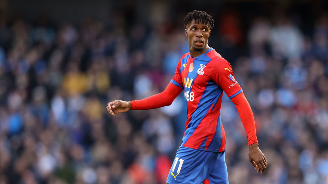 MANCHESTER, ENGLAND - OCTOBER 30: Wilfried Zaha of Crystal Palace looks on during the Premier League match between Manchester City and Crystal Palace at Etihad Stadium on October 30, 2021 in Manchester, England.