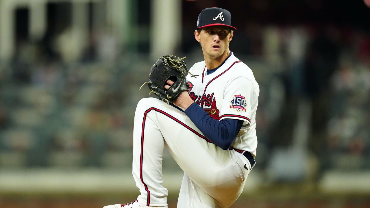 ATLANTA, GA - OCTOBER 30: Kyle Wright #30 of the Atlanta Braves pitches during Game 4 of the 2021 World Series between the Houston Astros and the Atlanta Braves at Truist Park on Saturday, October 30, 2021 in Atlanta, Georgia.