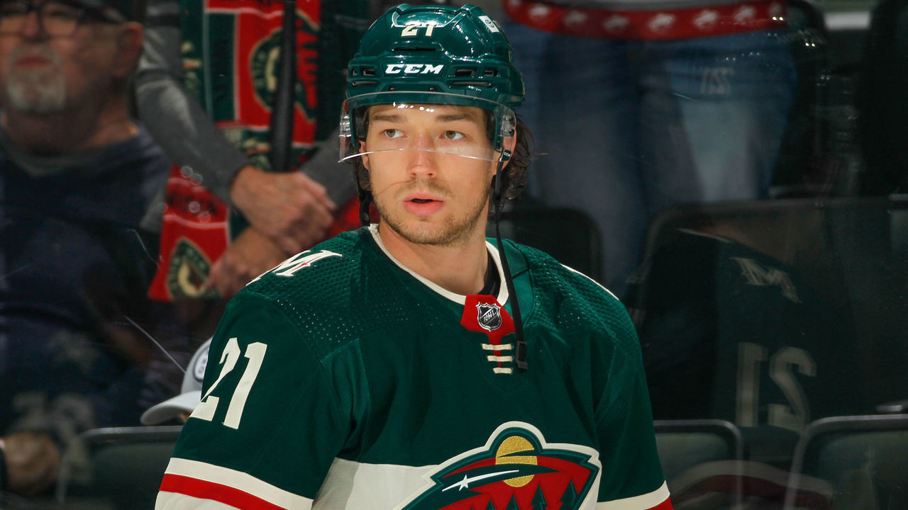 SAINT PAUL, MN - OCTOBER 19: Brandon Duhaime #21 of the Minnesota Wild warms up prior to the game against the Winnipeg Jets at the Xcel Energy Center on October 19, 2021 in Saint Paul, Minnesota.