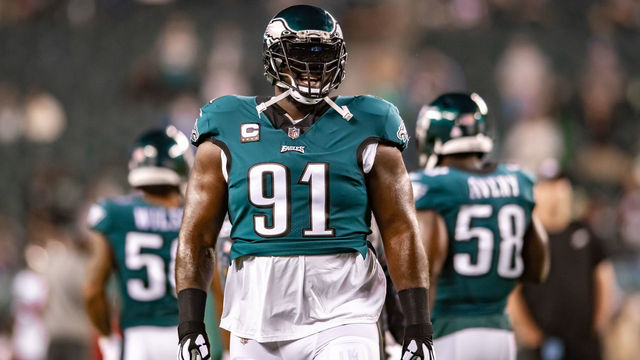 PHILADELPHIA, PA - OCTOBER 14: Philadelphia Eagles defensive tackle Fletcher Cox (91) is pictured prior to the game between the Tampa Bay Buccaneers and Philadelphia Eagles on October 14, 2021 at Lincoln Financial Field in Philadelphia, PA.