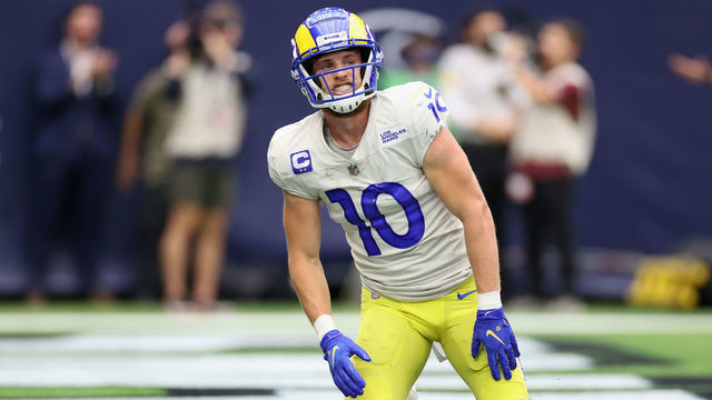 HOUSTON, TEXAS - OCTOBER 31: Cooper Kupp #10 of the Los Angeles Rams reacts to an incomplete pass during the second quarter against the Houston Texans at NRG Stadium on October 31, 2021 in Houston, Texas.