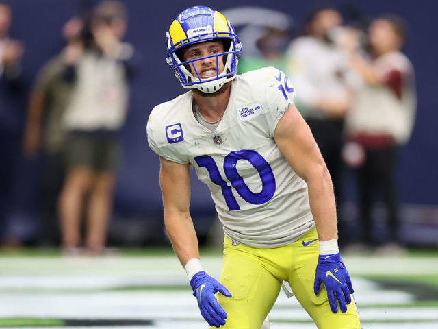 HOUSTON, TEXAS - OCTOBER 31: Cooper Kupp #10 of the Los Angeles Rams reacts to an incomplete pass during the second quarter against the Houston Texans at NRG Stadium on October 31, 2021 in Houston, Texas.