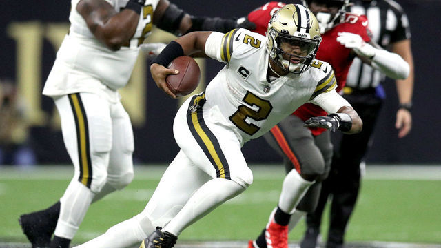 NEW ORLEANS, LOUISIANA - OCTOBER 31: Jameis Winston #2 of the New Orleans Saints keeps the ball and runs during the first quarter against the Tampa Bay Buccaneers at Caesars Superdome on October 31, 2021 in New Orleans, Louisiana.