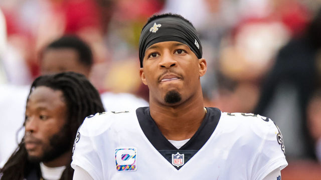 LANDOVER, MD - OCTOBER 10: New Orleans Saints quarterback Jameis Winston (2) reacts to throwing an interception against Washington Football Team during the first half at a NFL game between the Washington Football Team and the New Orleans Saints on October 10, 2021 at the FedExField in Landover, MD.