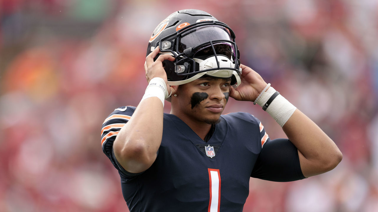 TAMPA, FLORIDA - OCTOBER 24: Justin Fields #1 of the Chicago Bears looks on prior to the game against the Tampa Bay Buccaneers at Raymond James Stadium on October 24, 2021 in Tampa, Florida.
