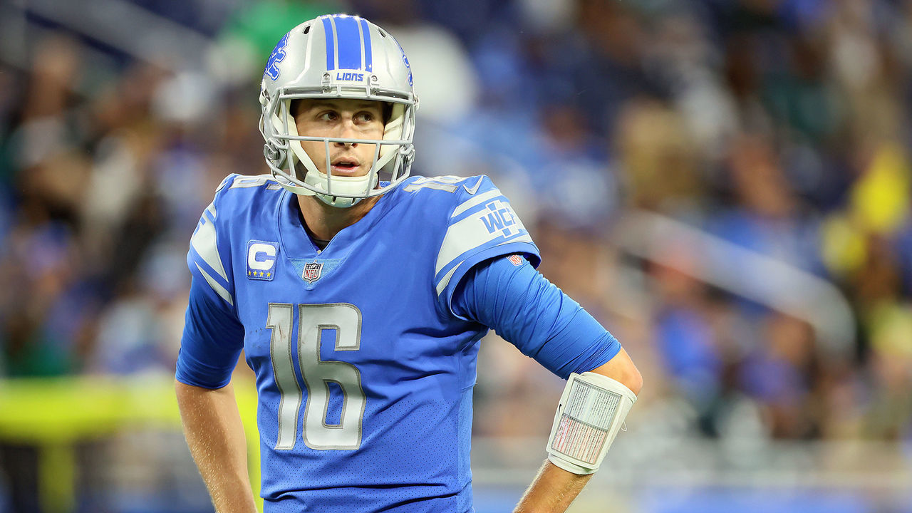 Detroit Lions quarterback Jared Goff (16) waits on the field between plays during an NFL football game between the Detroit Lions and the Philadelphia Eagles in Detroit, Michigan USA, on Sunday, October 31, 2021.