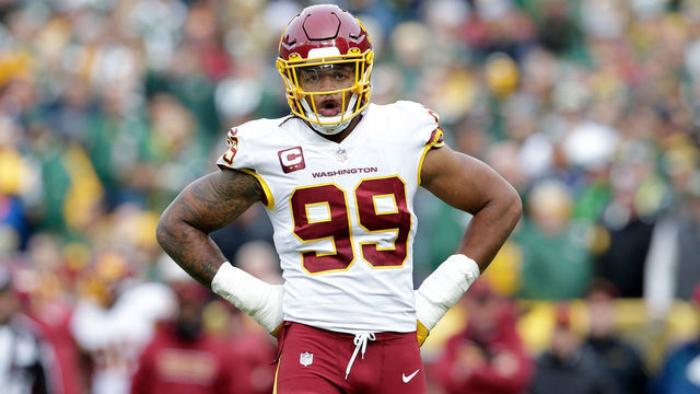 GREEN BAY, WISCONSIN - OCTOBER 24: Chase Young #99 of the Washington Football Team takes a break during the game against the Green Bay Packers at Lambeau Field on October 24, 2021 in Green Bay, Wisconsin. Green Bay defeated Washington 24-10.