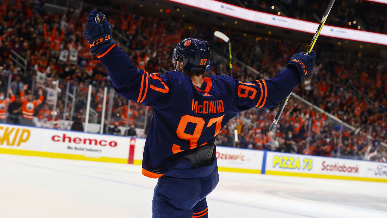 EDMONTON, AB - OCTOBER 16: Edmonton Oilers Center Connor McDavid (97) celebrates his first goal of the season in the first period during the Edmonton Oilers game versus the Calgary Flames on October 16, 2021 at Rogers Place in Edmonton, AB.