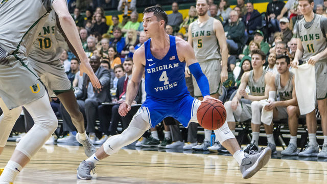 SAN FRANCISCO, CA - JANUARY 25: Brigham Young Cougars guard Alex Barcello (4) dribbles the ball during the mens college basketball game between the BYU Cougars and the San Francisco Dons at on January 25, 2020 at the War Memorial Gymnasium in San Francisco, CA.