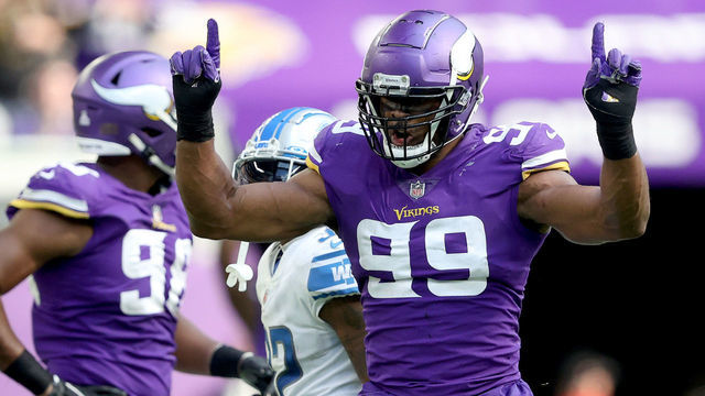 MINNEAPOLIS, MINNESOTA - OCTOBER 10: Danielle Hunter #99 of the Minnesota Vikings celebrates in the second half against the Detroit Lions at U.S. Bank Stadium on October 10, 2021 in Minneapolis, Minnesota. The Minnesota Vikings defeated the Detroit Lions 19-17.