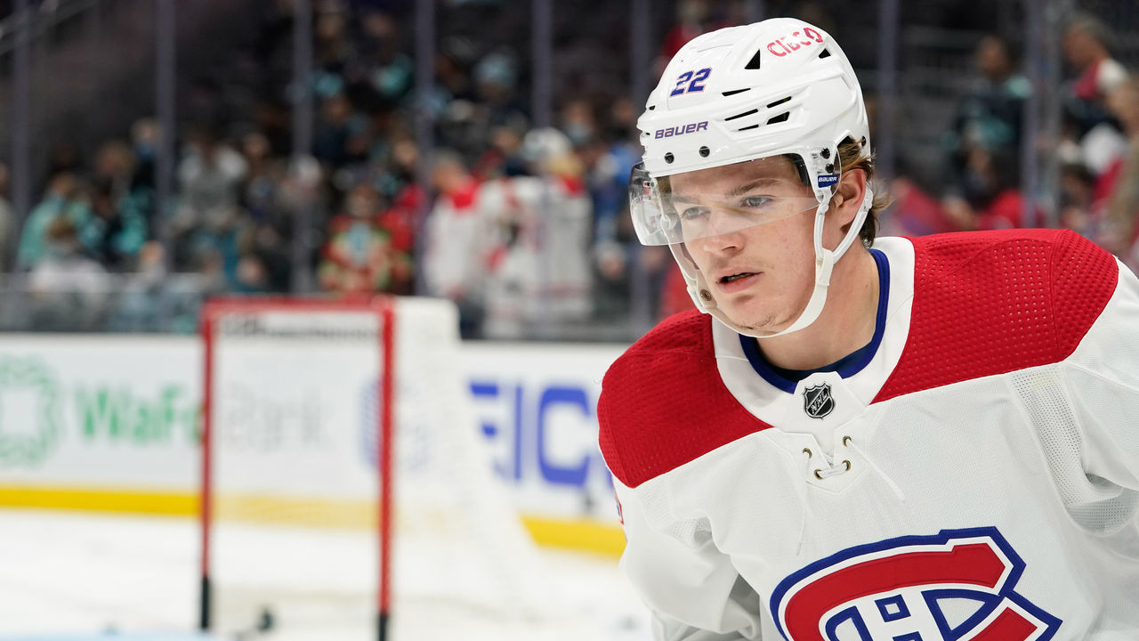 SEATTLE, WASHINGTON - OCTOBER 26: Cole Caufield #22 of the Montreal Canadiens warms up prior to a game between the Montreal Canadiens and the Seattle Kraken at Climate Pledge Arena on October 26, 2021 in Seattle, Washington.