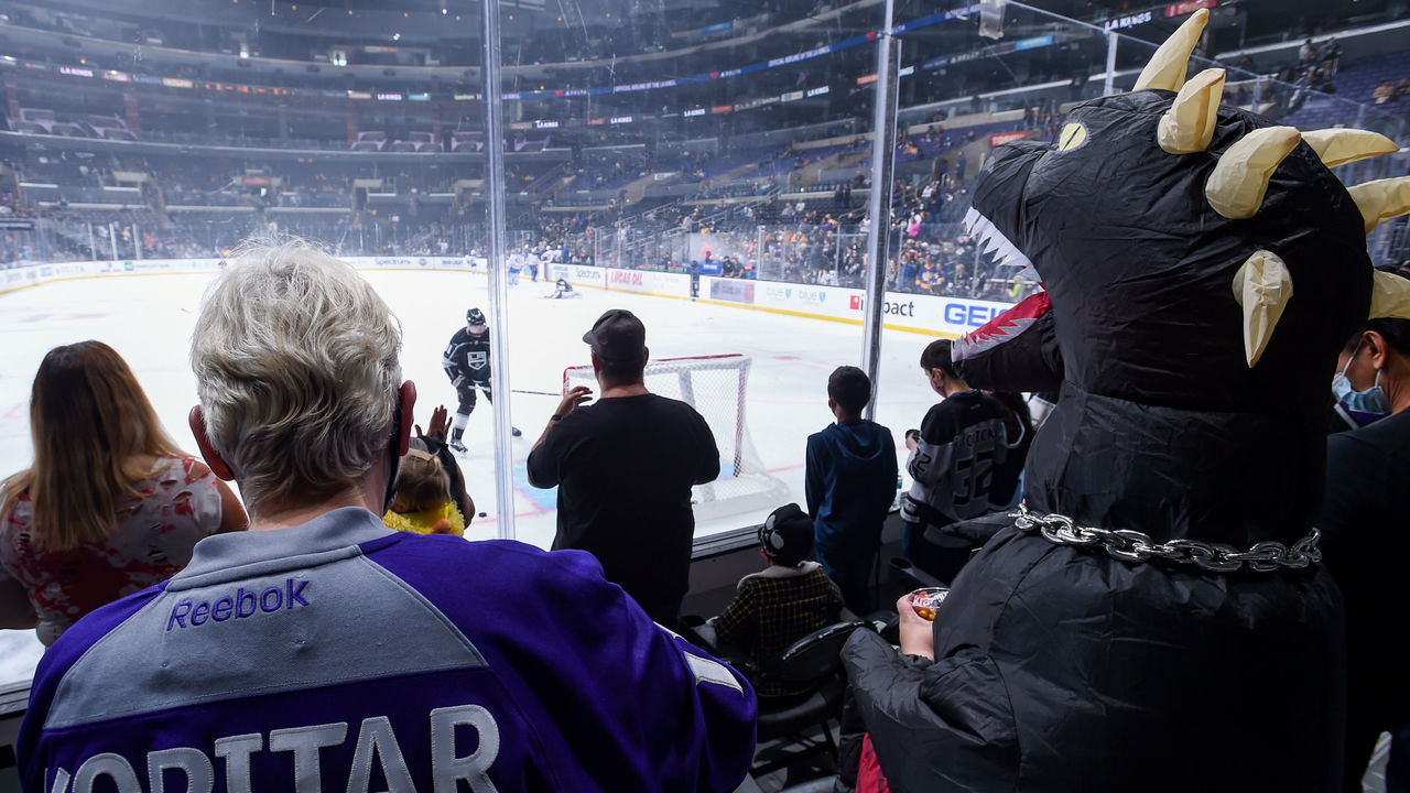 LOS ANGELES, CA - OCTOBER 31: Los Angeles Kings fans in their Halloween costume look on during warm ups prior to the game against Buffalo Sabres at STAPLES Center on October 31, 2021 in Los Angeles, California.
