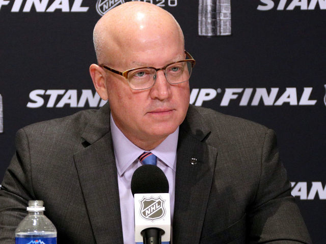 EDMONTON, ALBERTA - SEPTEMBER 19: NHL Deputy Commissioner Bill Daly attends a press conference before Game One of the NHL Stanley Cup Final between the Dallas Stars and the Tampa Bay Lightning at Rogers Place on September 19, 2020 in Edmonton, Alberta.