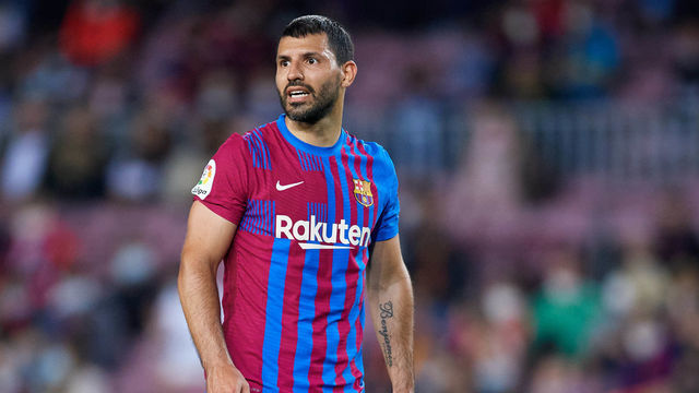 BARCELONA, SPAIN - OCTOBER 30: Sergio 'Kun' Aguero of FC Barcelona looks on during the La Liga Santander match between FC Barcelona and Deportivo Alaves at Camp Nou on October 30, 2021 in Barcelona, Spain.