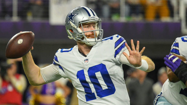 MINNEAPOLIS, MN - OCTOBER 31: Dallas Cowboys Quarterback Cooper Rush (10) makes a pass during the second quarter of a game between the Minnesota Vikings and Dallas Cowboys on October 31, 2021, at U.S. Bank Stadium in Minneapolis, MN.