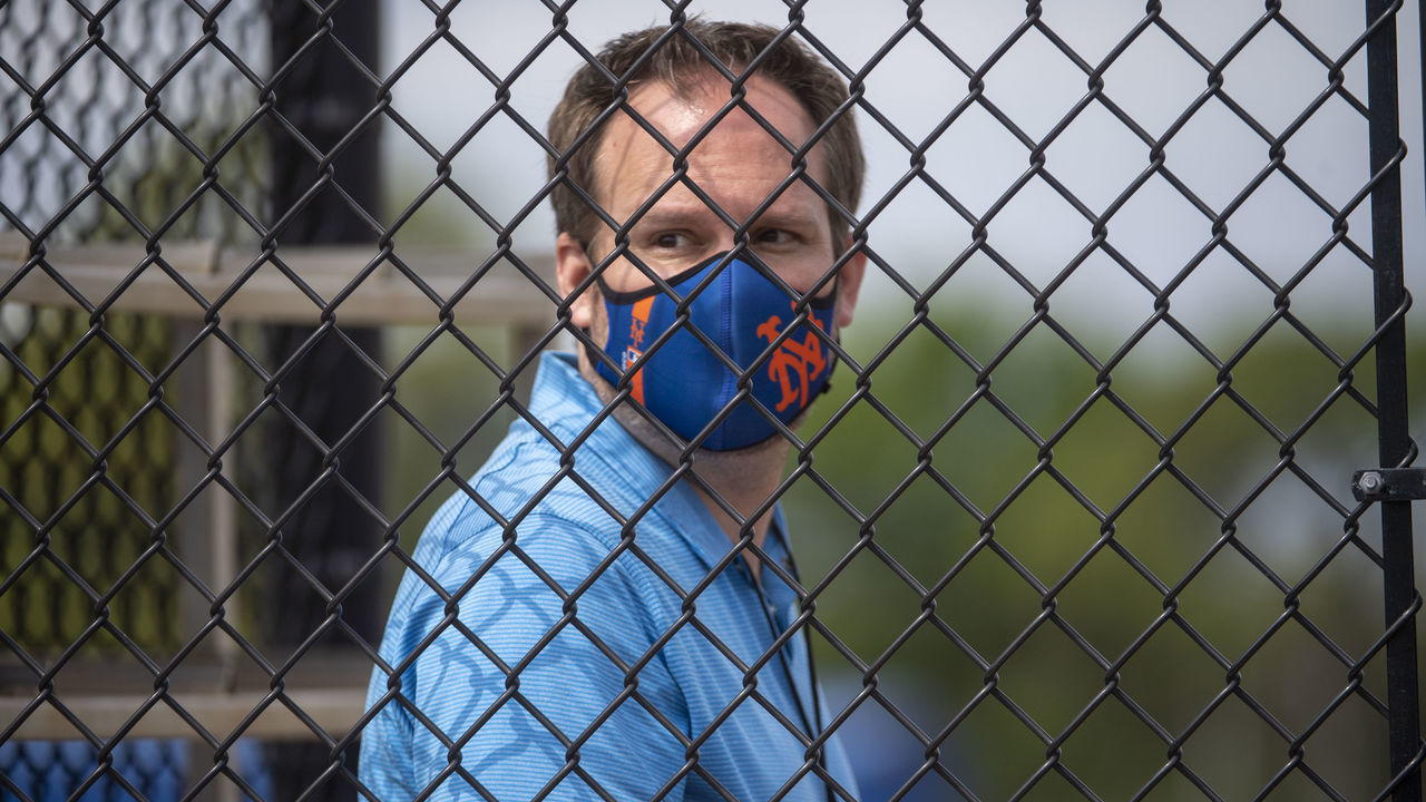 Port St. Lucie, FL: New York Mets acting general manager Zack Scott wearing a face mask during a spring training workout in Port St. Lucie, Florida on February 24, 2021.