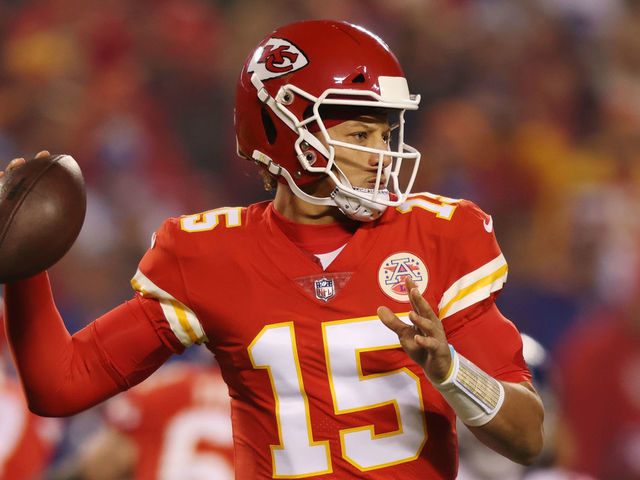KANSAS CITY, MISSOURI - NOVEMBER 01: Patrick Mahomes #15 of the Kansas City Chiefs looks to pass during the first half against the New York Giants at Arrowhead Stadium on November 01, 2021 in Kansas City, Missouri.