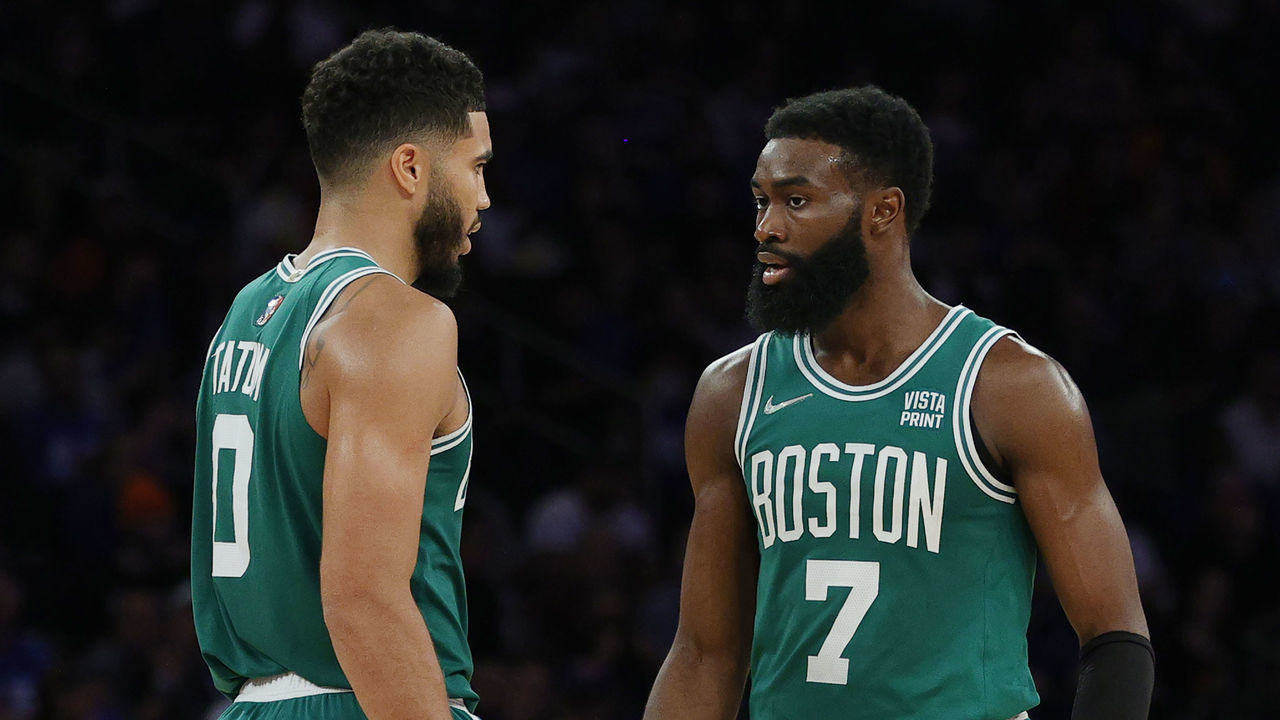 NEW YORK, NEW YORK - OCTOBER 20: Jaylen Brown #7 talks with Jayson Tatum #0 of the Boston Celtics during the second half against the New York Knicks at Madison Square Garden on October 20, 2021 in New York City. The Knicks won 138-134.