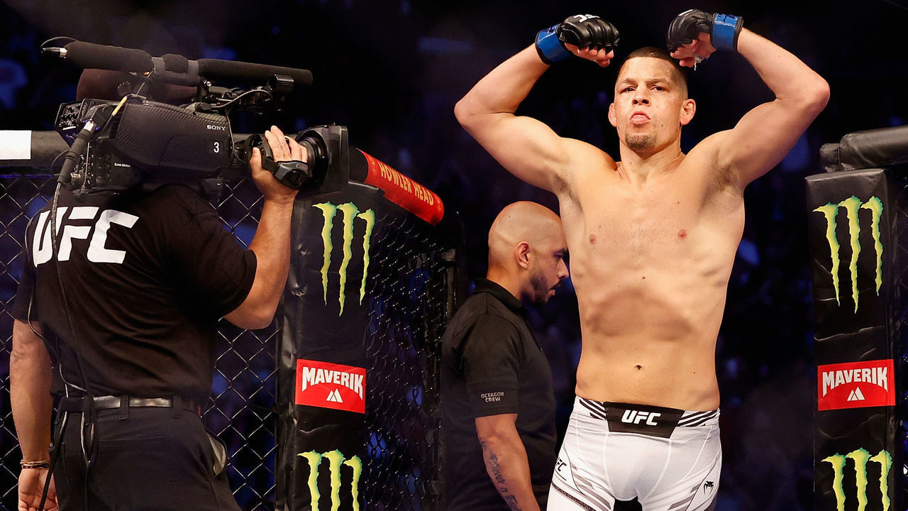 GLENDALE, ARIZONA - JUNE 12: Nate Diaz enters the octagon to fight Leon Edwards of Jamaica during their UFC 263 welterweight match at Gila River Arena on June 12, 2021 in Glendale, Arizona.