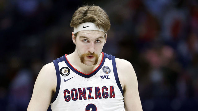 INDIANAPOLIS, INDIANA - APRIL 05: Drew Timme #2 of the Gonzaga Bulldogs looks on during the first half in the National Championship game of the 2021 NCAA Men's Basketball Tournament against the Baylor Bears at Lucas Oil Stadium on April 05, 2021 in Indianapolis, Indiana.