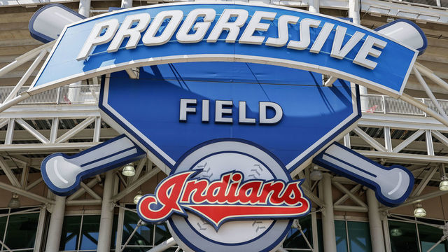 CLEVELAND, OH - JULY 12: Progressive Field sign with the team logo before the Cleveland Indians play an intrasquad game during summer workouts on July 12, 2020 in Cleveland, Ohio.
