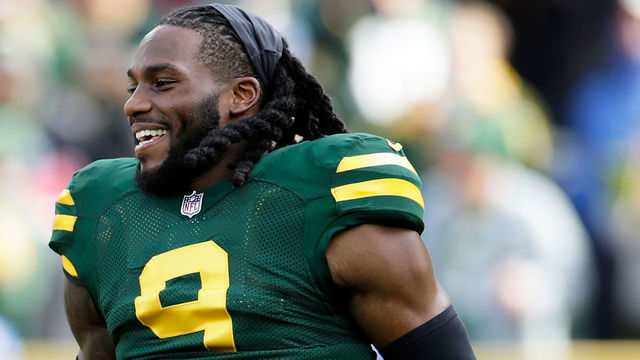 GREEN BAY, WISCONSIN - OCTOBER 24: Jaylon Smith #9 of the Green Bay Packers is introduced before the game against the Washington Football Team at Lambeau Field on October 24, 2021 in Green Bay, Wisconsin. Green Bay defeated Washington 24-10.