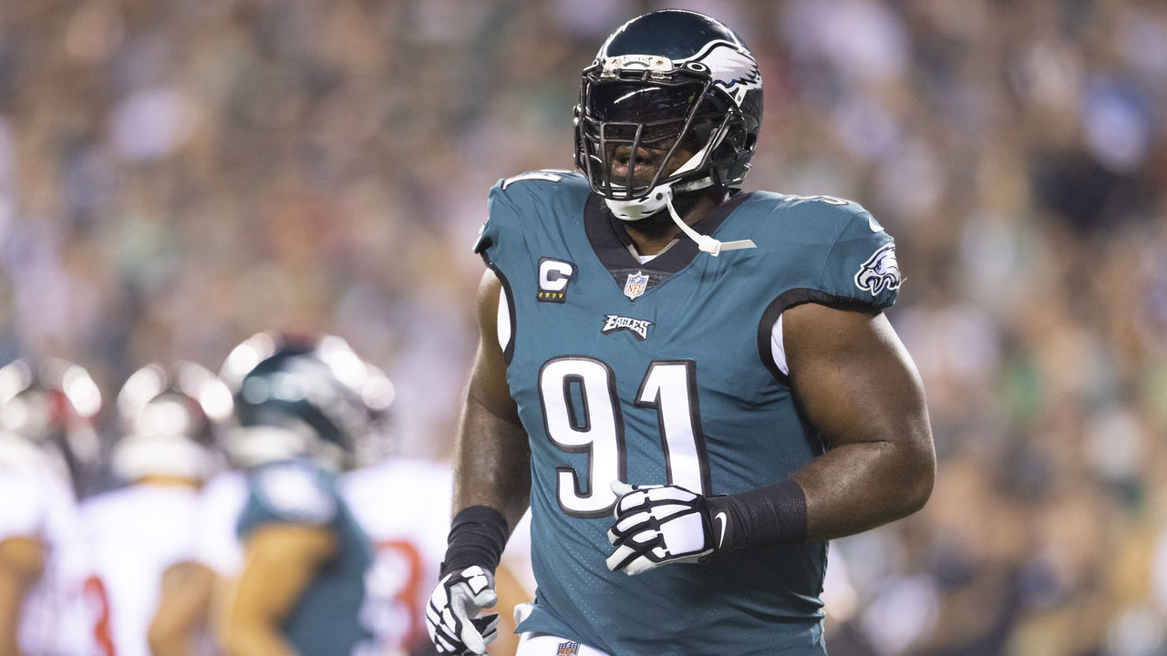 PHILADELPHIA, PA - OCTOBER 14: Fletcher Cox #91 of the Philadelphia Eagles looks on against the Tampa Bay Buccaneers at Lincoln Financial Field on October 14, 2021 in Philadelphia, Pennsylvania.
