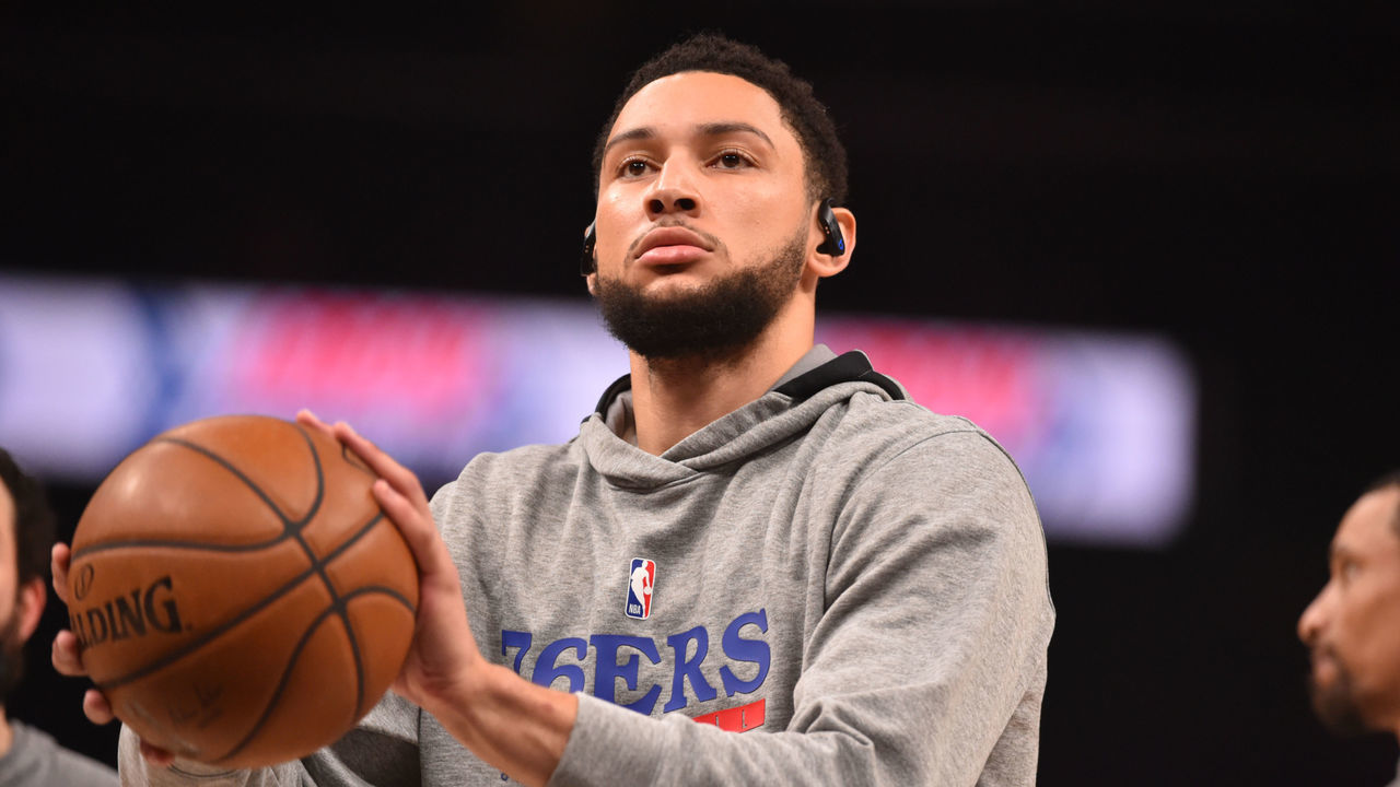 ATLANTA, GA - JUNE 18: Ben Simmons #25 of the Philadelphia 76ers warms up prior to a game against the Atlanta Hawks during Round 2, Game 6 of the Eastern Conference Playoffs on June 18, 2021 at State Farm Arena in Atlanta, Georgia. NOTE TO USER: User expressly acknowledges and agrees that, by downloading and/or using this Photograph, user is consenting to the terms and conditions of the Getty Images License Agreement. Mandatory Copyright Notice: Copyright 2021 NBAE