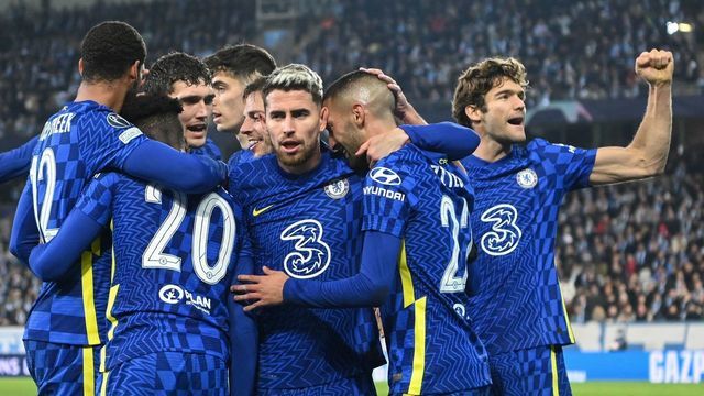 Chelsea's Moroccan midfielder Hakim Ziyech (2nd R) celebrates scoring the opening goal with his teammates during the UEFA Champions League group H football match Malmo FF v Chelsea FC in Malmo, Sweden on November 2, 2021.