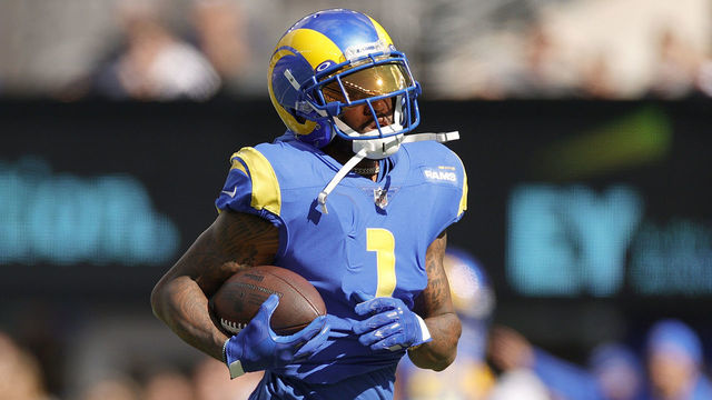 EAST RUTHERFORD, NEW JERSEY - OCTOBER 17: DeSean Jackson #1 of the Los Angeles Rams warms up before a game against the New York Giants at MetLife Stadium on October 17, 2021 in East Rutherford, New Jersey.