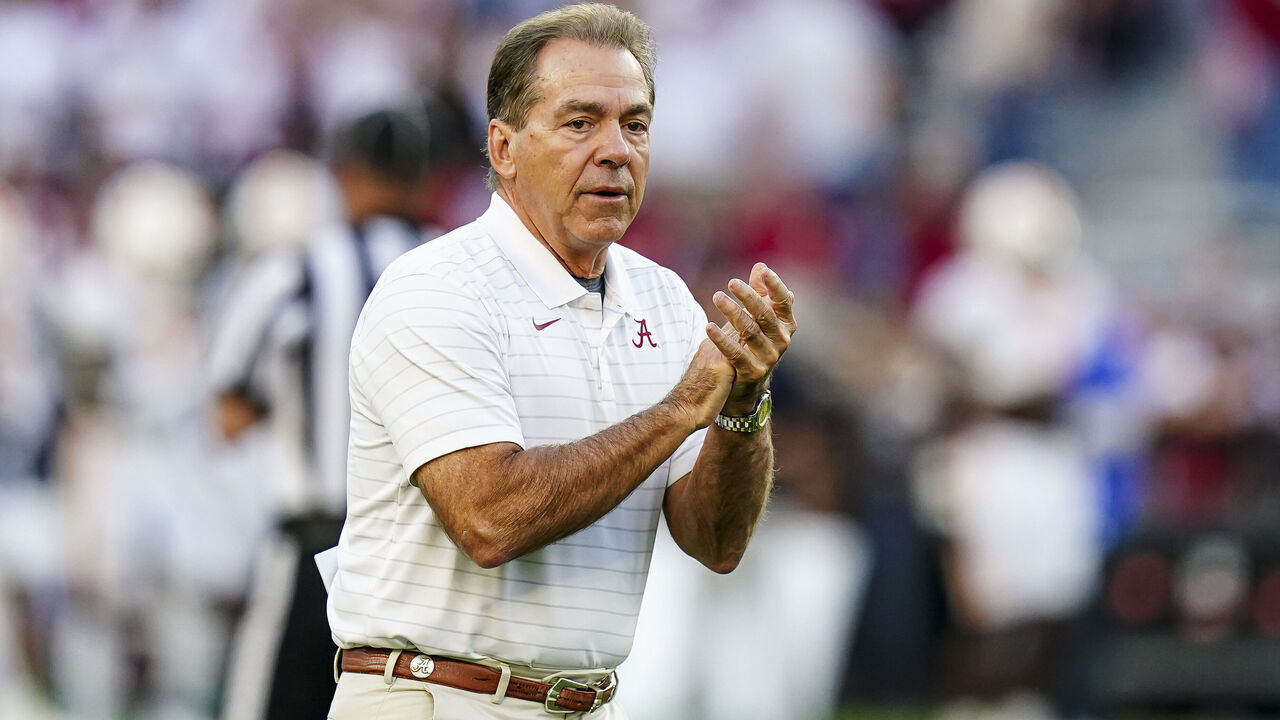 TUSCALOOSA, ALABAMA - OCTOBER 23: Head coach Nick Saban of the Alabama Crimson Tide prior to the game against Tennessee Volunteers at Bryant-Denny Stadium on October 23, 2021 in Tuscaloosa, Alabama.