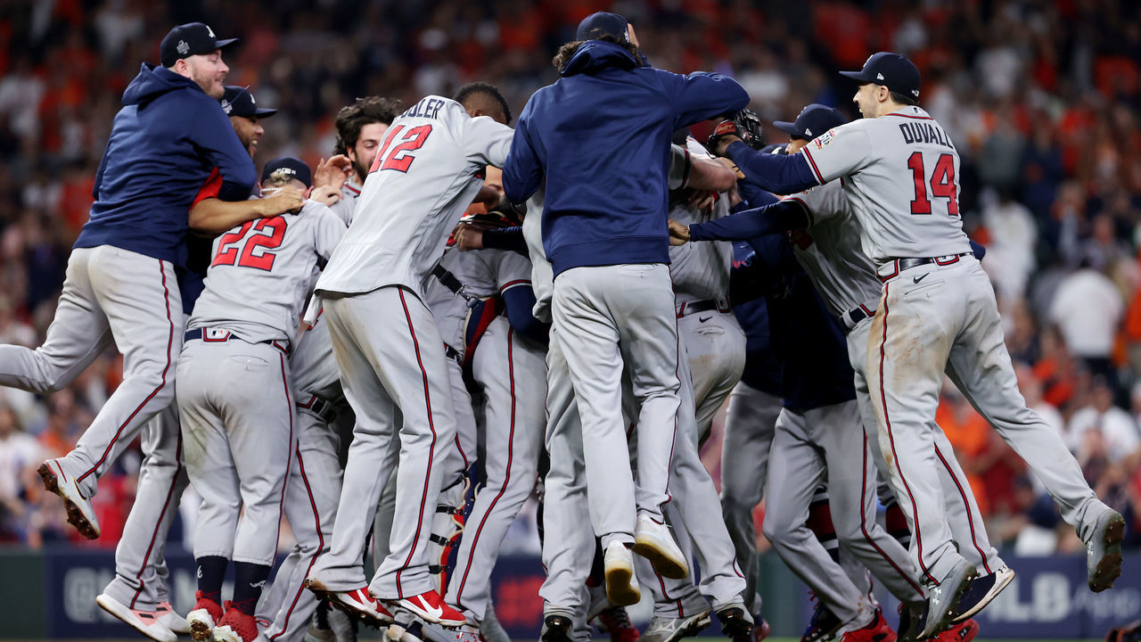 HOUSTON, TEXAS - NOVEMBER 02: The Atlanta Braves celebrate their 7-0 win against the Houston Astros in Game Six to win the 2021 World Series at Minute Maid Park on November 02, 2021 in Houston, Texas.
