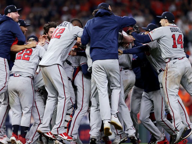 HOUSTON, TEXAS - NOVEMBER 02: The Atlanta Braves celebrate their 7-0 win against the Houston Astros in Game Six to win the 2021 World Series at Minute Maid Park on November 02, 2021 in Houston, Texas.
