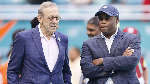 MIAMI GARDENS, FLORIDA - OCTOBER 24: Owner Stephen Ross and general manager Chris Grier of the Miami Dolphins prior to the game against the Atlanta Falcons at Hard Rock Stadium on October 24, 2021 in Miami Gardens, Florida.