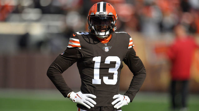 CLEVELAND, OHIO - OCTOBER 17: Odell Beckham Jr. #13 of the Cleveland Browns looks on during warm ups prior to the game against the Arizona Cardinals at FirstEnergy Stadium on October 17, 2021 in Cleveland, Ohio.