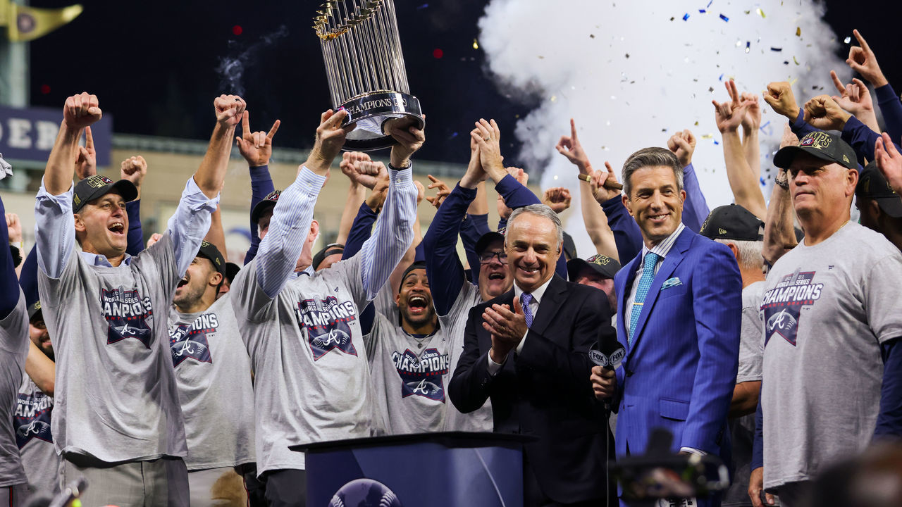 HOUSTON, TX - NOVEMBER 02: Members of the Atlanta Braves, ownership, staff and commissioner of baseball Robert D. Manfred Jr. celebrate after the Braves beat the Astros, 7-0, in Game 6 of the 2021 World Series between the Atlanta Braves and the Houston Astros at Minute Maid Park on Tuesday, November 2, 2021 in Houston, Texas