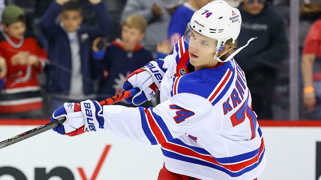 NEWARK, NJ - OCTOBER 01: New York Rangers right wing Vitali Kravtsov (74) warms up prior to the pre-season National Hockey League game between the New Jersey Devils anfd the New York Rangers on October 1, 2021 at the Prudential Center in Newark, NJ.