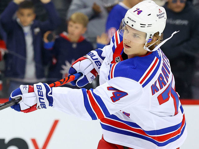 NEWARK, NJ - OCTOBER 01: New York Rangers right wing Vitali Kravtsov (74) warms up prior to the pre-season National Hockey League game between the New Jersey Devils anfd the New York Rangers on October 1, 2021 at the Prudential Center in Newark, NJ.