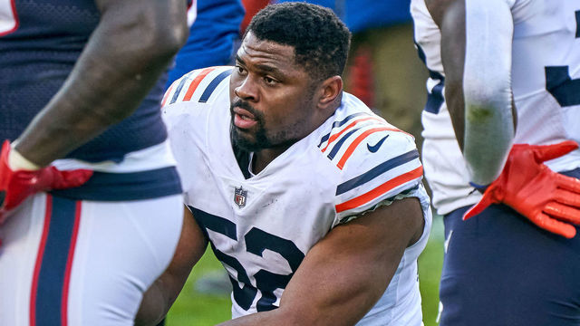 CHICAGO, IL - DECEMBER 13: Chicago Bears outside linebacker Khalil Mack (52) looks on in action during a game between the Chicago Bears and the Houston Texans on December 13, 2020, at Soldier Field in Chicago, IL.