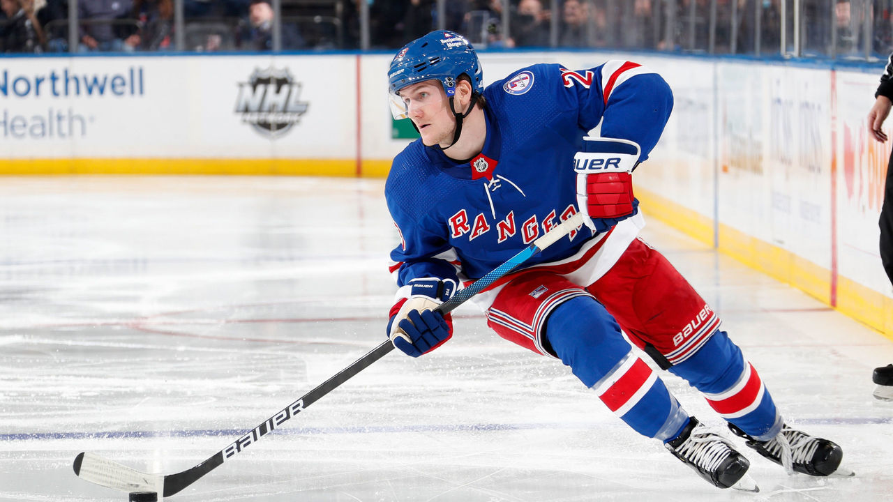 NEW YORK, NY - OCTOBER 29: Adam Fox #23 of the New York Rangers skates with the puck against the Columbus Blue Jackets at Madison Square Garden on October 29, 2021 in New York City.