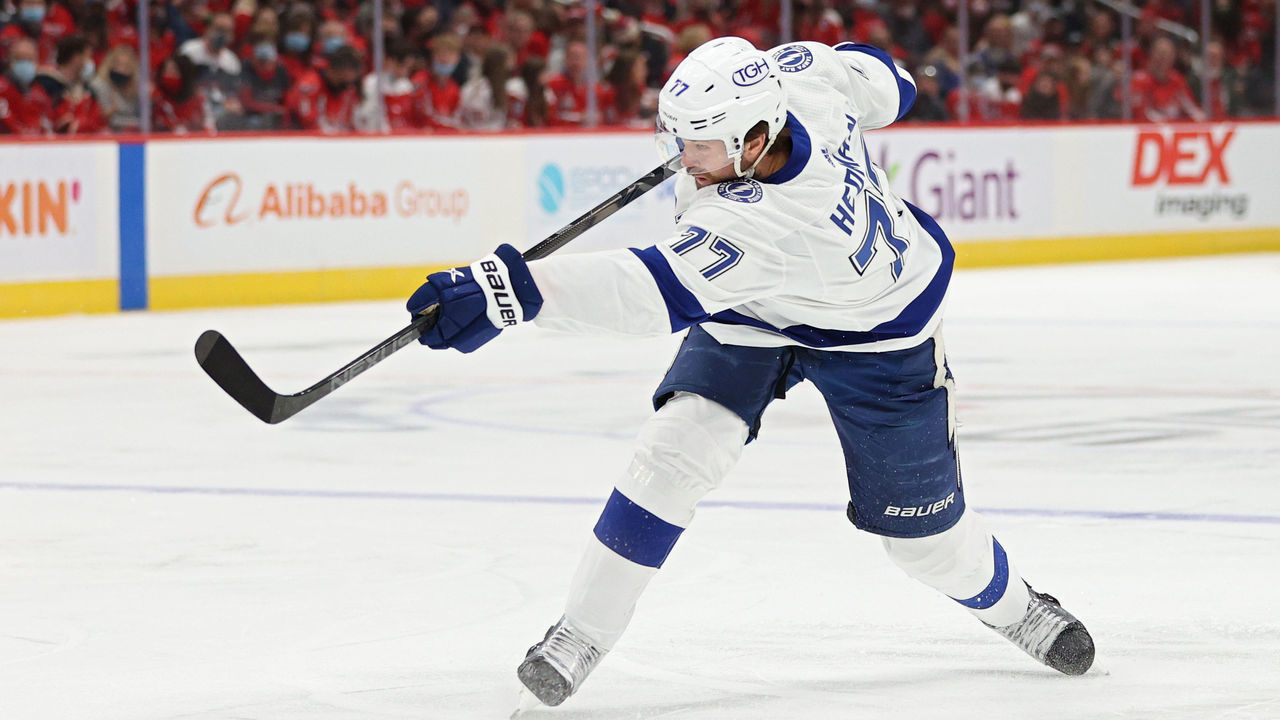 WASHINGTON, DC - OCTOBER 16: Victor Hedman #77 of the Tampa Bay Lightning s against the Washington Capitals at Capital One Arena on October 16, 2021 in Washington, DC.