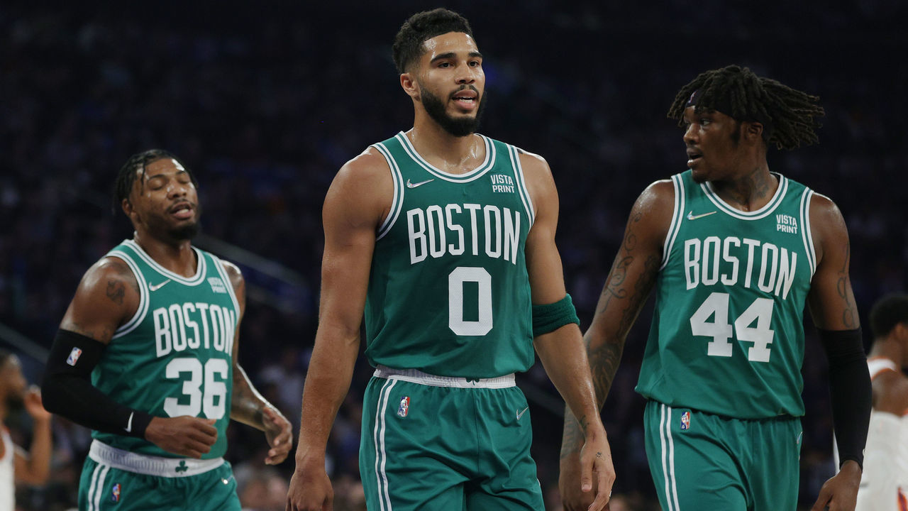 NEW YORK, NEW YORK - OCTOBER 20: Marcus Smart #36, Jayson Tatum #0, and Robert Williams III #44 of the Boston Celtics look on during the first half against the New York Knicks at Madison Square Garden on October 20, 2021 in New York City.
