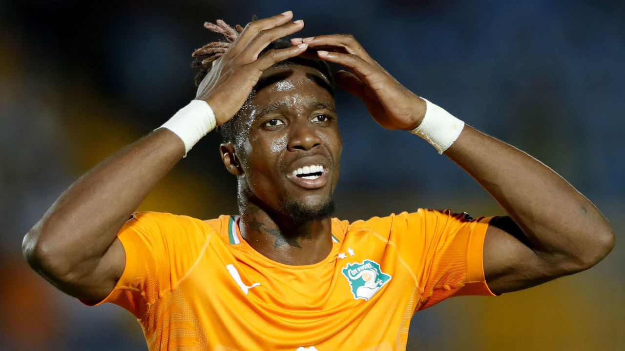 Ivory Coast's forward Wilfried Zaha reacts during the 2019 Africa Cup of Nations (CAN) quarter final football match between Ivory Coast and Algeria at the Suez stadium in Suez on July 11, 2019.