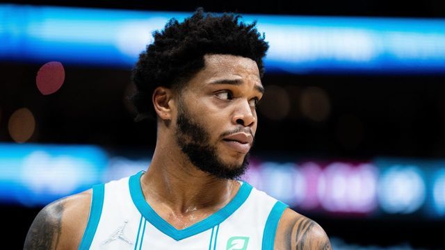 CHARLOTTE, NORTH CAROLINA - NOVEMBER 01: Miles Bridges #0 of the Charlotte Hornets looks on against the Cleveland Cavaliers during their game at Spectrum Center on November 01, 2021 in Charlotte, North Carolina.