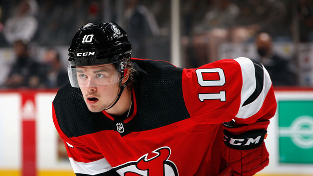 NEWARK, NEW JERSEY - OCTOBER 04: Alexander Holtz #10 of the New Jersey Devils skates against the Washington Capitals in a preseason game at the Prudential Center on October 04, 2021 in Newark, New Jersey.
