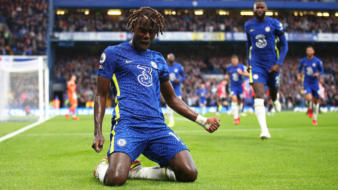 LONDON, ENGLAND - OCTOBER 02: Trevoh Chalobah of Chelsea celebrates after scoring their side's first goal during the Premier League match between Chelsea and Southampton at Stamford Bridge on October 02, 2021 in London, England.