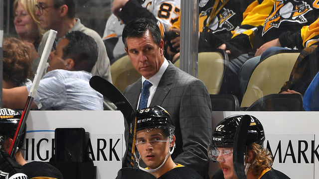 PITTSBURGH, PA - OCTOBER 19: Head coach Mike Sullivan of the Pittsburgh Penguins looks on against the Dallas Stars at PPG PAINTS Arena on October 19, 2021 in Pittsburgh, Pennsylvania.
